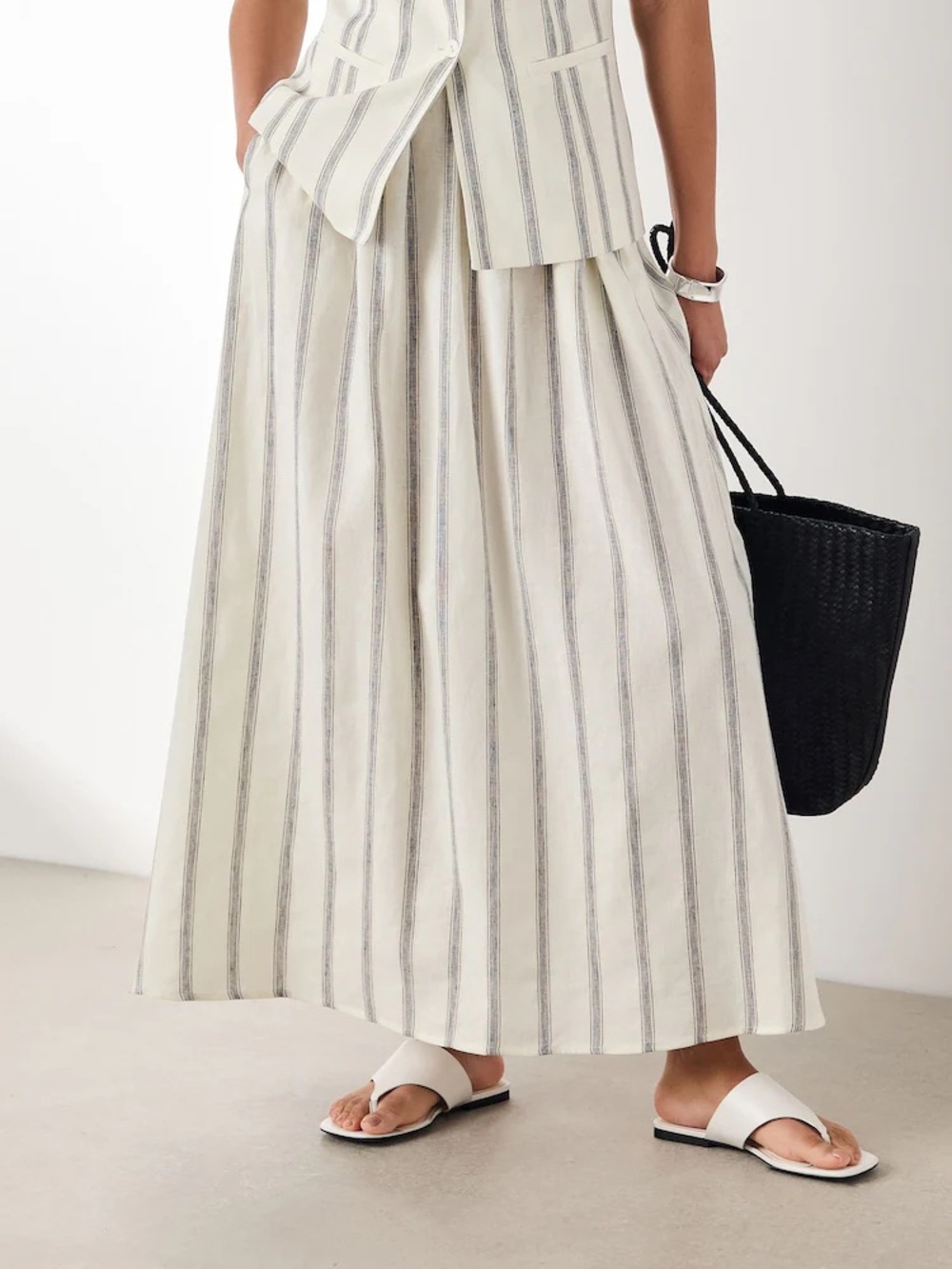 Striped Linen-Blend Maxi Skirt in Ivory with Black Stripes